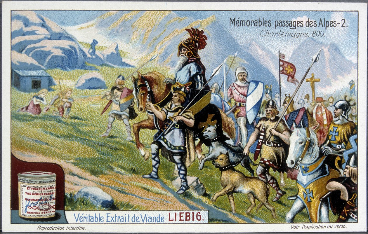 Charlemagne et son armée traversant les Alpes en 800 - chromolithographie Liébig, début XXe siècle - French School