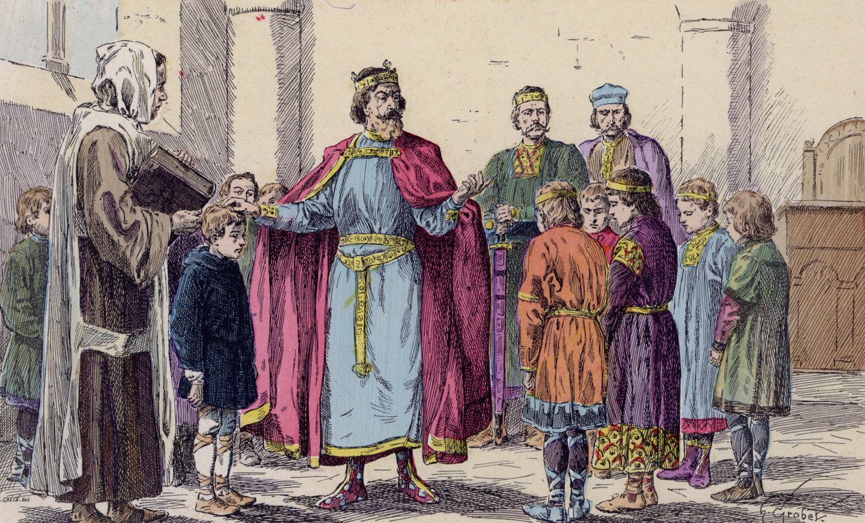 Charlemagne visitant une école (lithographie couleur) - French School