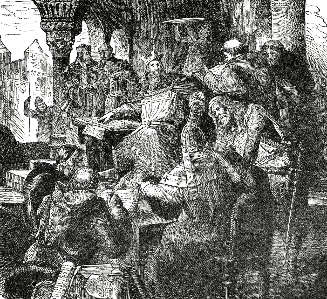 Charlemagne avec les élèves et les enseignants de son école palatine à Aix-la-Chapelle, vers 1890 - French School