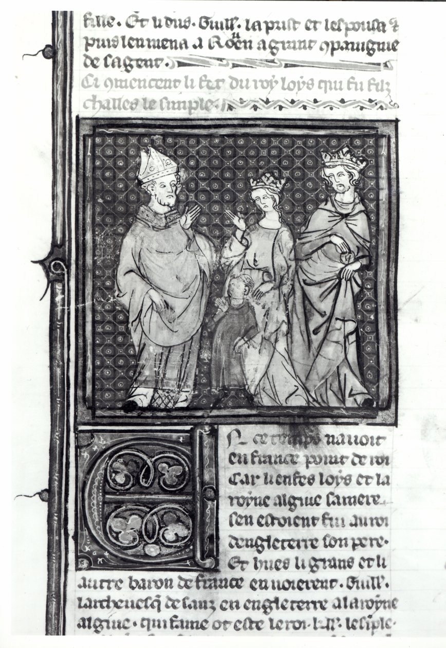 Charles III le Simple avec sa femme et son fils, Louis IV, Grandes Chroniques de France, 1375-79 - French School