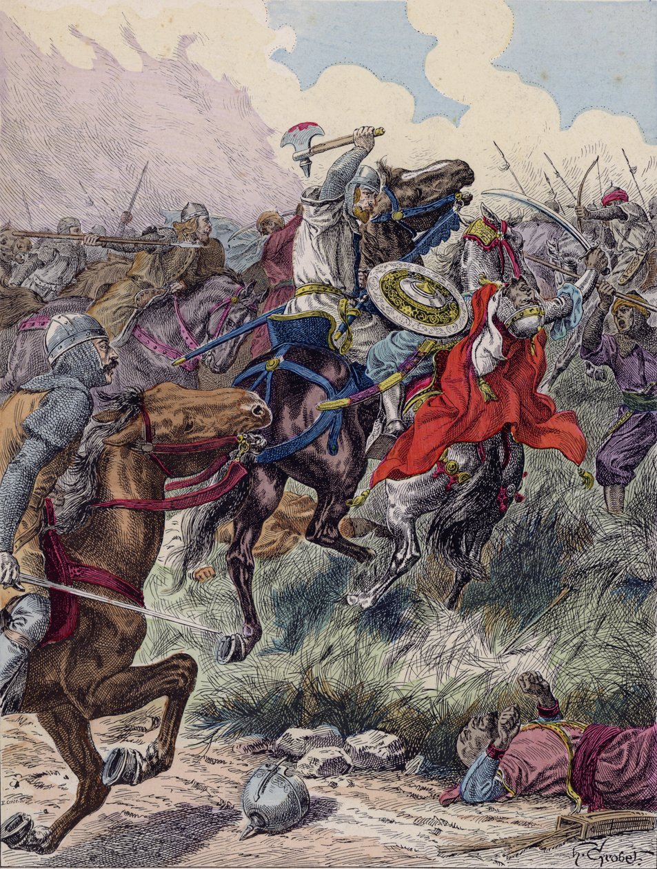 Charles Martel à la bataille de Poitiers, 732 (lithographie couleur) - French School