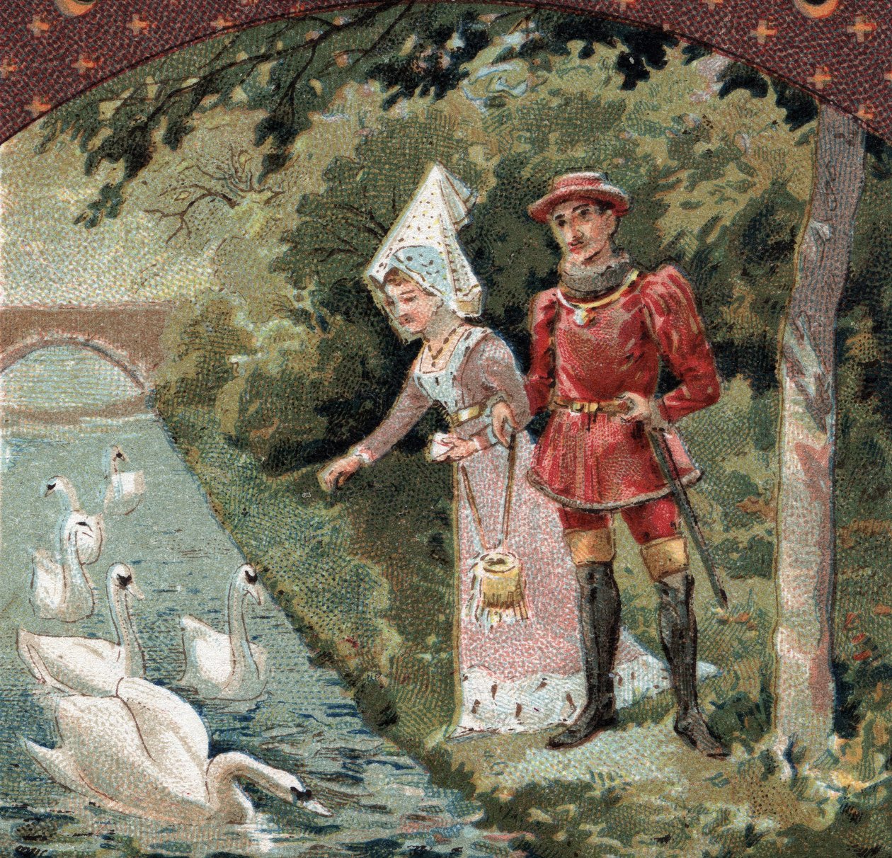 Charles VII (1403-1461) avec sa favorite, Agnès Sorel (dite la Dame de Beauté-sur-Marne) (1422-1450) nourrissant des cygnes dans le parc du château de Savigny-sur-Orge. Chromolithographie de la fin du XIXe siècle - French School