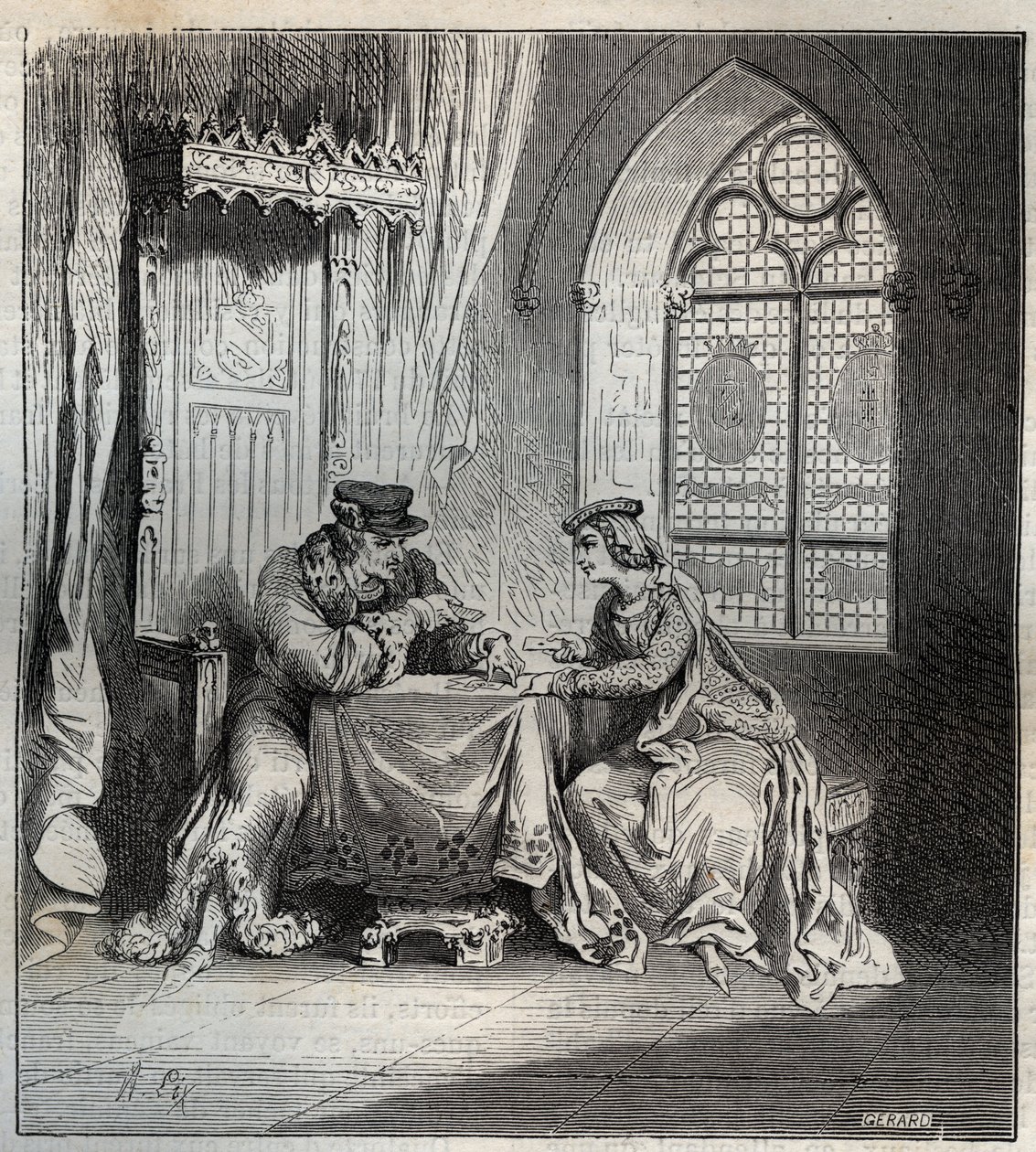 Charles VI (1380-1422) et Odette de Champdivers - Le roi Charles VI de France, connu sous le nom de Charles le Bien-Aimé, puis Charles le Fol (1368-1422) avec sa maîtresse Odinette (Odette) de Champdivers (vers 1390-vers 1425) jouant aux cartes gravure de  - French School