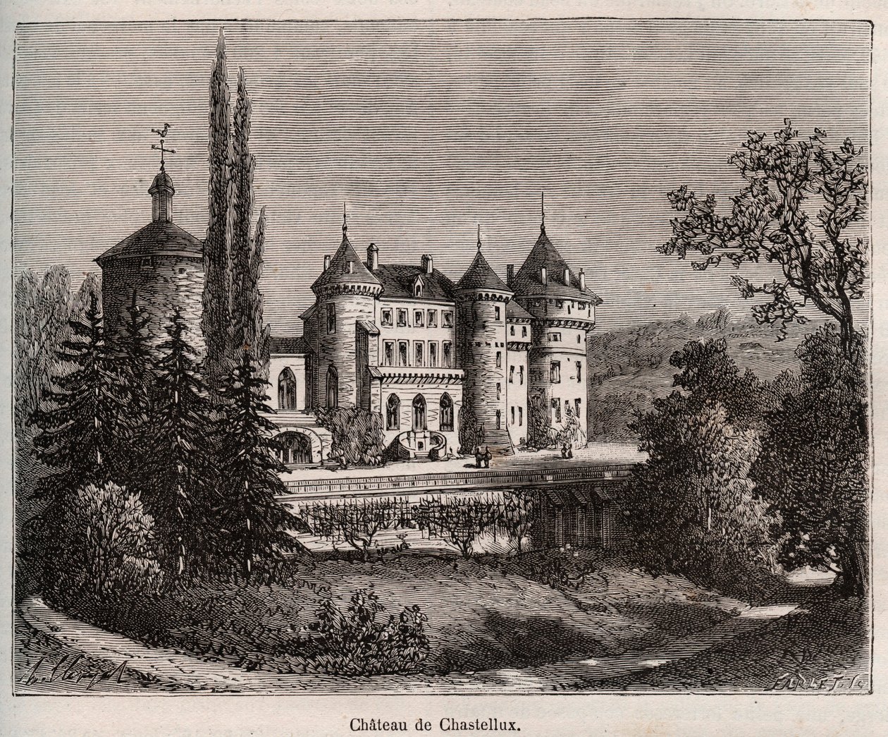 Château de Chastellux - Chastellux sur Cure, Bourgogne - gravure dans « La France illustrée : géographie, histoire, administration statistique » par V.-A. Malt-Brown. 1884 - French School