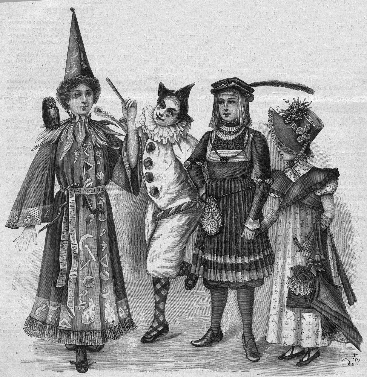 Vêtements pour enfants : costumes de sorcière, clown, page et "Empire". Gravure dans "La gazette du dimanche" du 23 janvier 1896. - French School