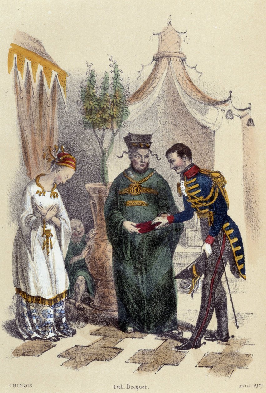 Chinois visitant un militaire étranger; illustration pour la Chine, dans « Les douze Nations » de M.E Fouinet - French School