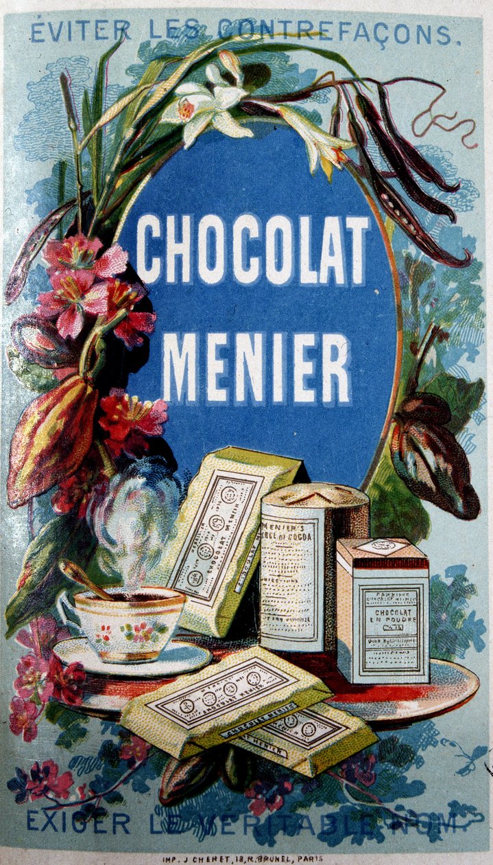 Publicité pour le chocolat "Menier" avec la mention "Évitez les contrefaçons" - French School