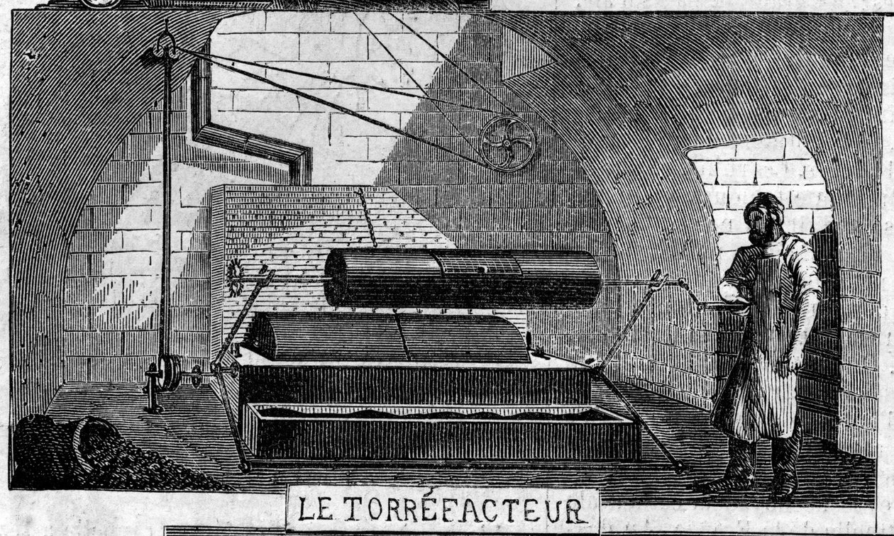 Fabrication du chocolat : le torréfacteur. Usine de M. Masson, Paris - French School