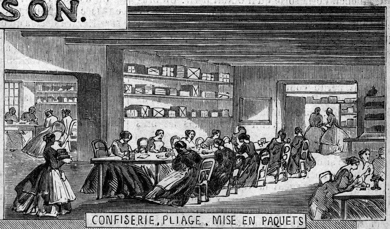 Fabrication de chocolat : confection de bonbons au chocolat, atelier de pliage et emballage. Usine de M. Masson, Paris - French School