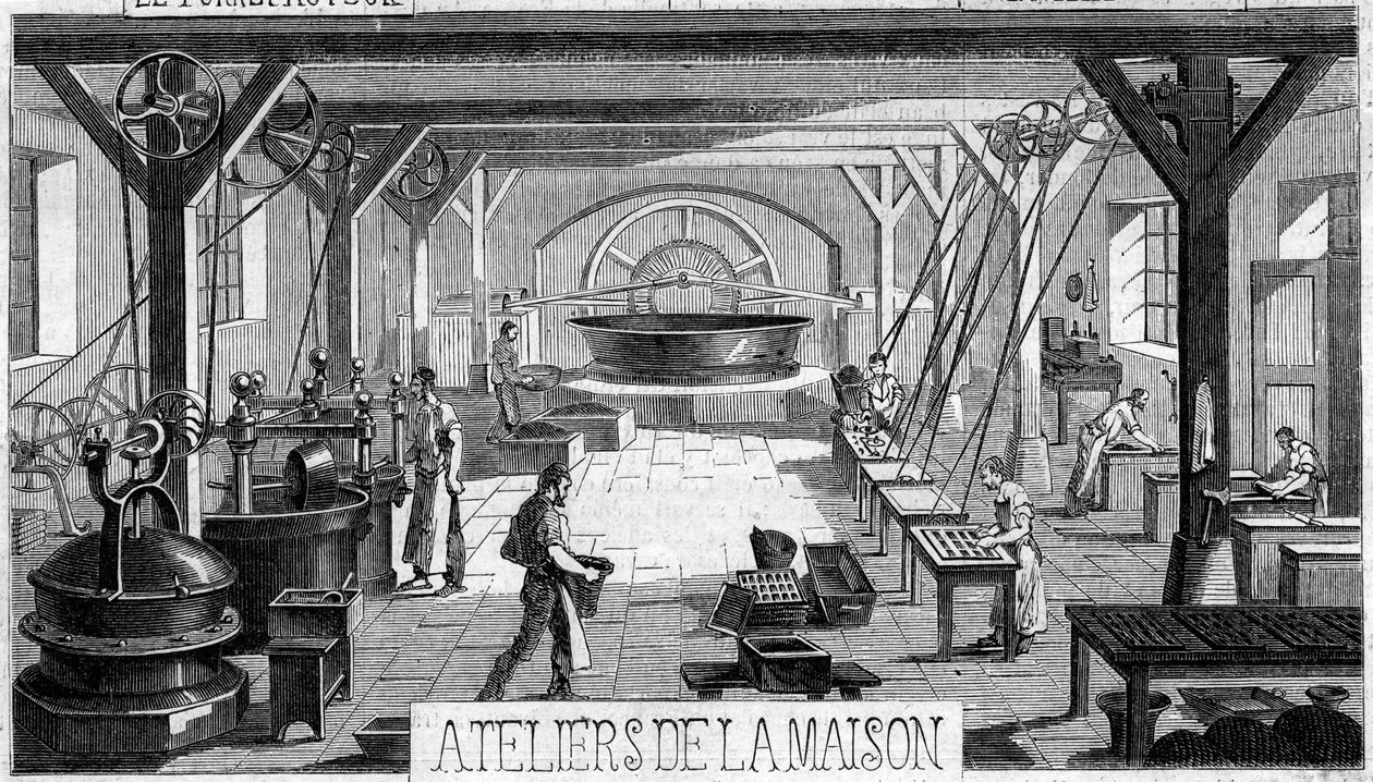 Fabrication du chocolat : vue intérieure des ateliers de M. Masson, Paris - French School