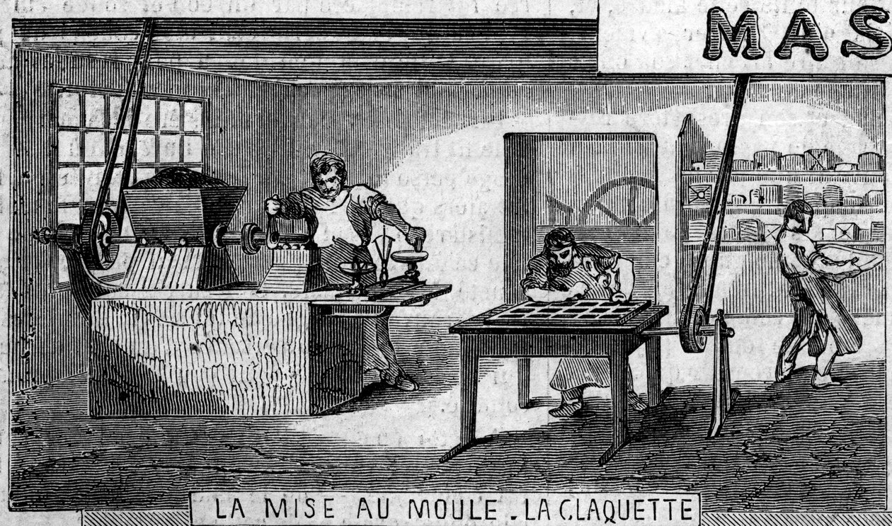 Fabrication de chocolat : pesée et moulage, tap. Usine de M. Masson, Paris - French School