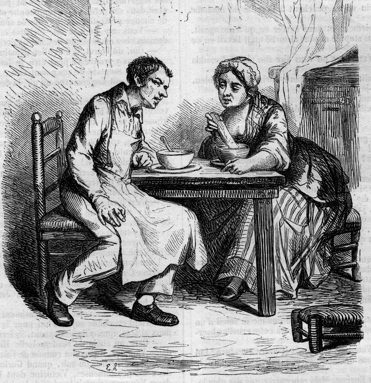 Christophe et la grosse Sylvie : domestiques prenant leur petit-déjeuner. Gravure du milieu du XIXe siècle. Illustration pour « Le Père Goriot » par Honoré de Balzac - French School