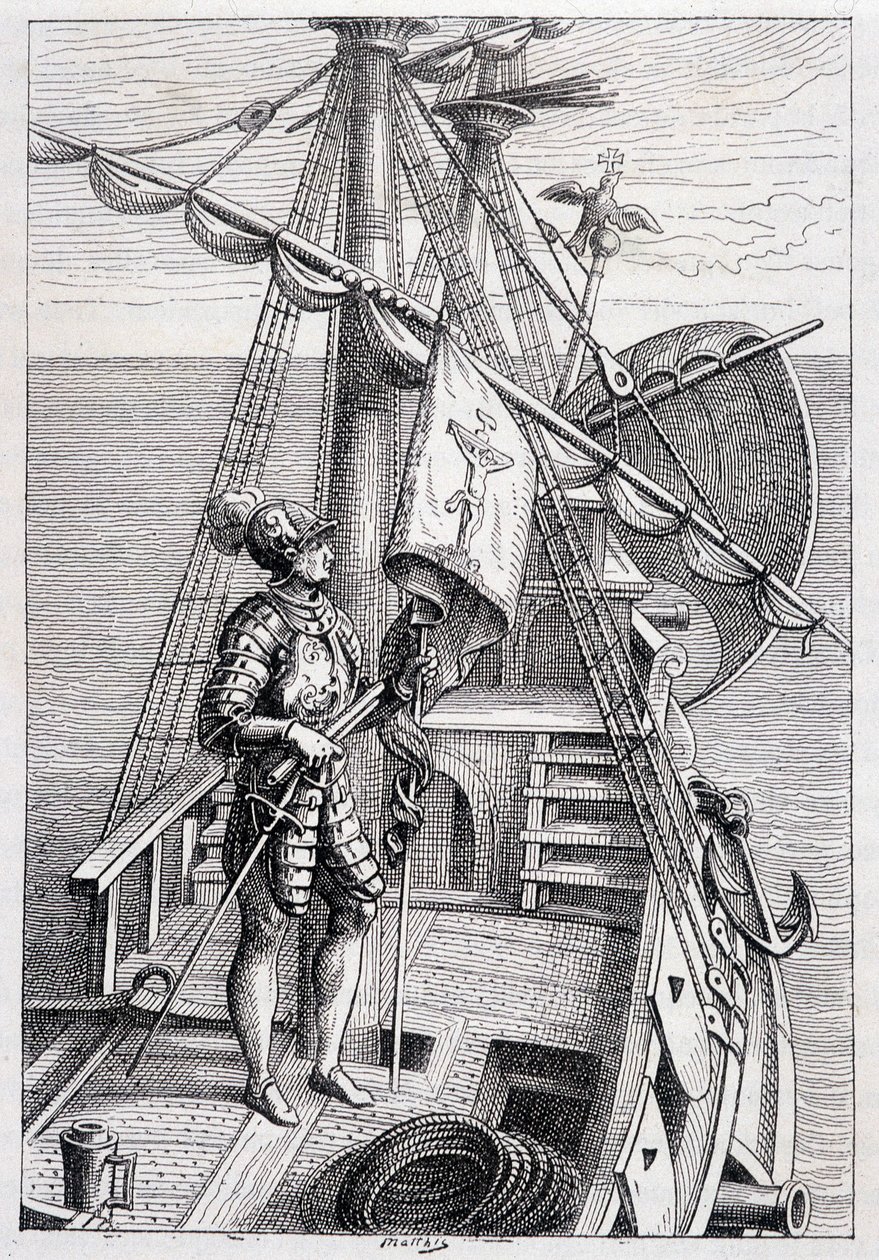 Christophe Colomb sur sa remorque, ill. « Découverte de la Terre » par Jules Verne, éd. Hetzel, 19e siècle - French School