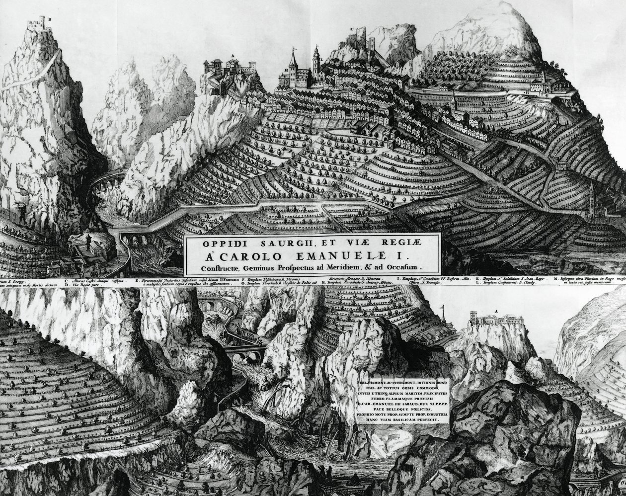 Ville de Saorge, France, sous la domination de Savoie, gravure - French School