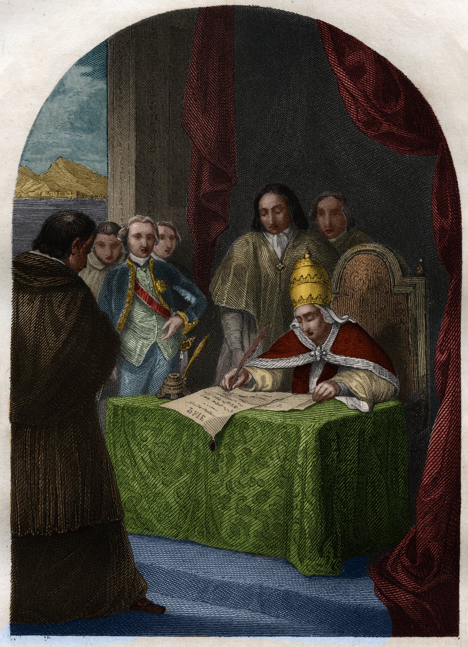 Clément XIV (Clemente ou Clemens) (1705-1774) abolissant la Société des Jésuites le 21 juillet 1773. Gravure de 1842 dans « Histoire des papes : crimes, meurtres, empoisonnements, parricides, adultères, incestes... » par Maurice Lachatre. Collection privée - French School