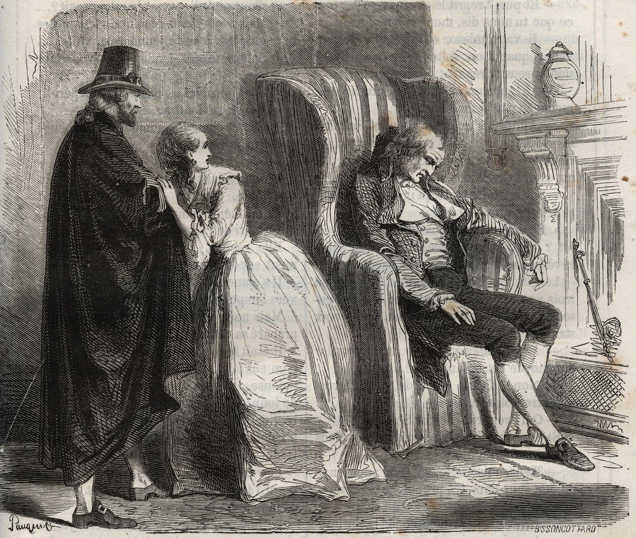 Clotilde Sprengel et Zacharie Bergmann regardent le docteur allemand Petrus Schultz endormi devant le 18ème siècle. Gravure de 1871 dans "Histoire Des Cocus Célèbres" par Henry de Kock - French School