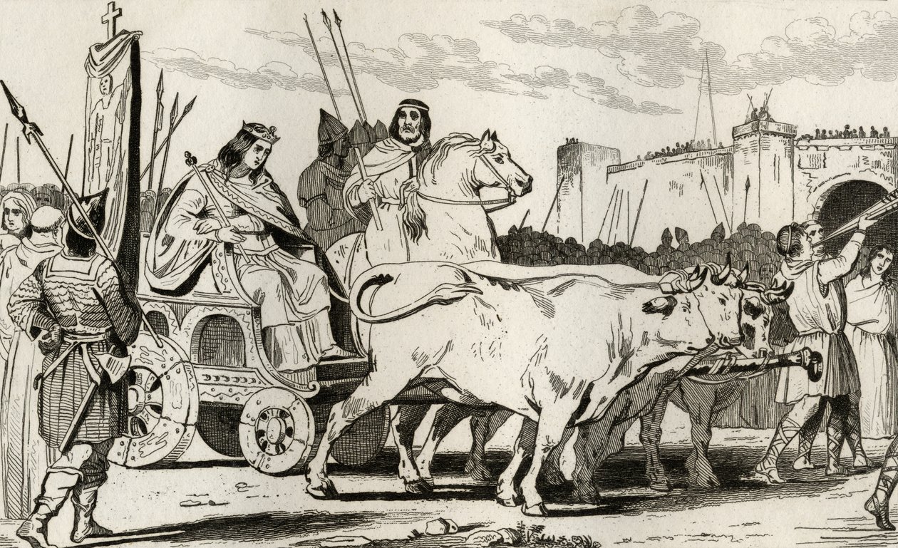 Clovis III (682-95) dans un char tiré par des bœufs, avec Pépin II de Herstal (c.714) à ses côtés, de 