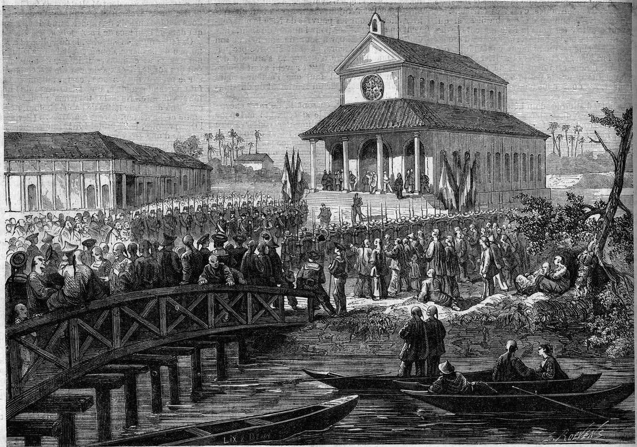 Colonialisme : inauguration de la cathédrale construite à Saigon par la France. Indochine (Vietnam) - French School