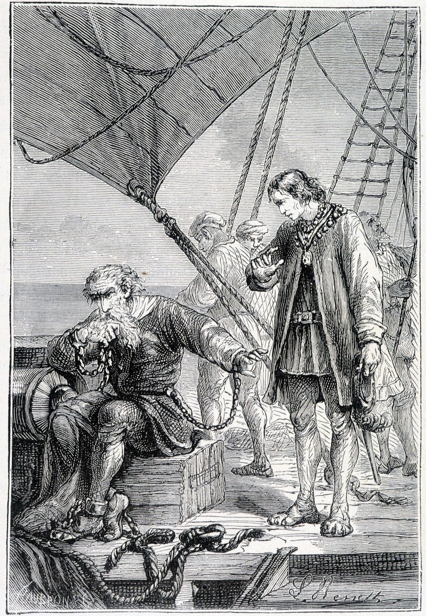 Colomb ligoté comme un méchant (sur le pont du navire), ill. « Découverte de la Terre » par Jules Verne, éd. Hetzel, 19e siècle - French School