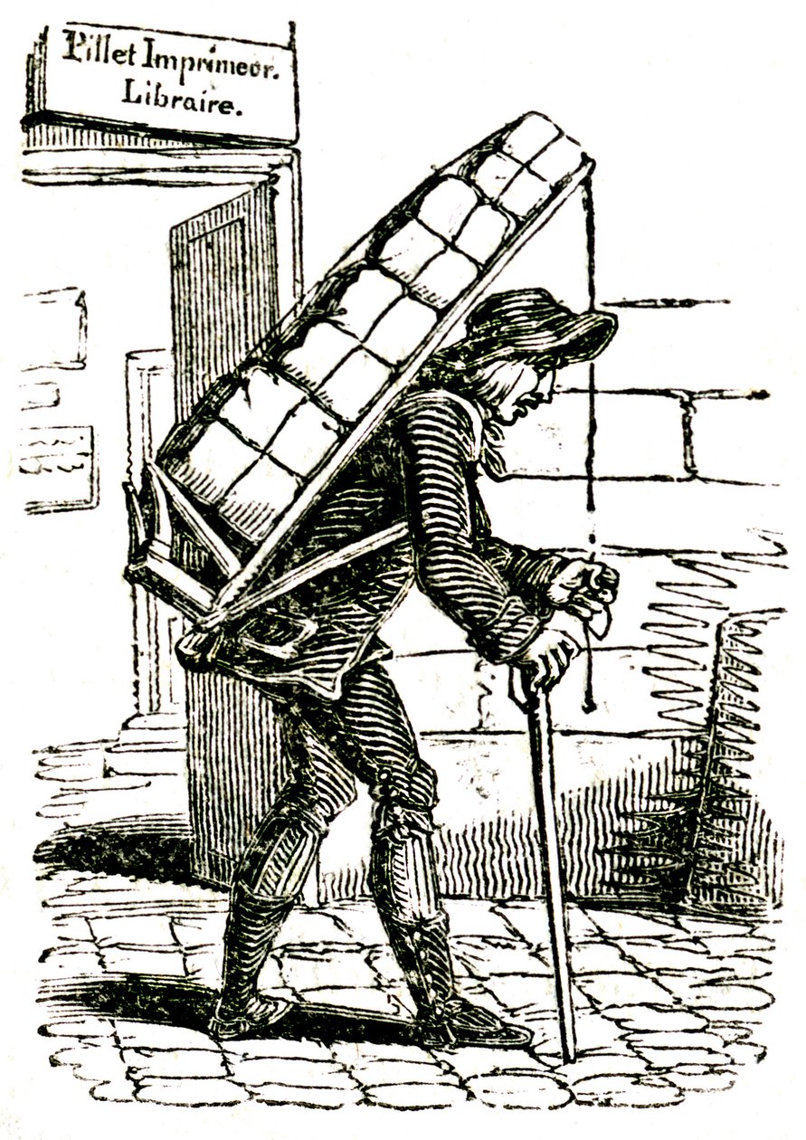 Commissionnaire (coursier) au 19e siècle quittant le libraire Pillet à Paris, portant une charge de livres sur son dos. - French School