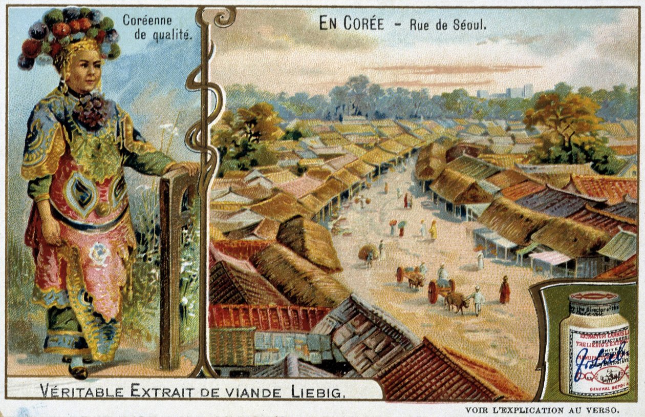 Corée : rue de Séoul et costume féminin - chromo Liébig, v.1900 - French School