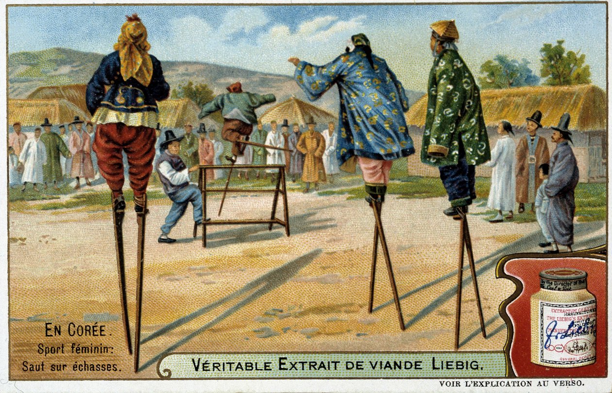 Corée : sport féminin de saut sur échasses - chromo Liébig, v.1900 - French School
