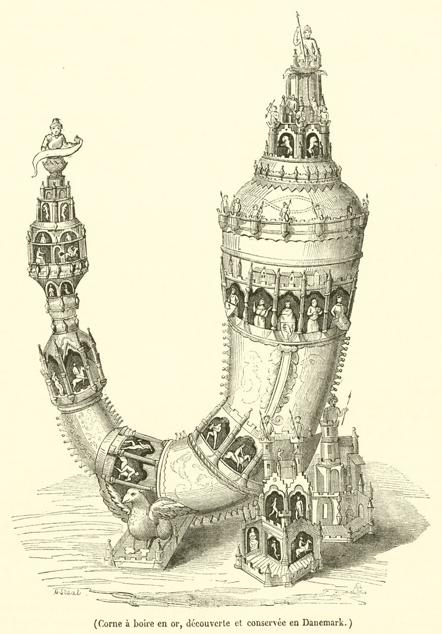 Corne a boire en or, decouverte et conservee en Danemark (engraving) - French School