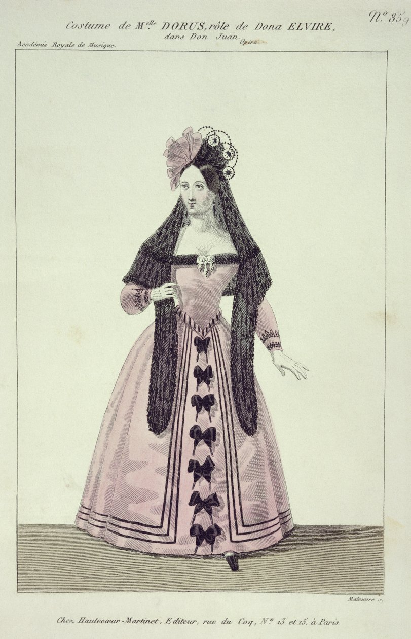 Costume pour Mademoiselle Dorus dans le rôle de Donna Elvira dans Don Giovanni, gravé par Maleuvre, imprimé par Hautecoeur-Martinet - French School