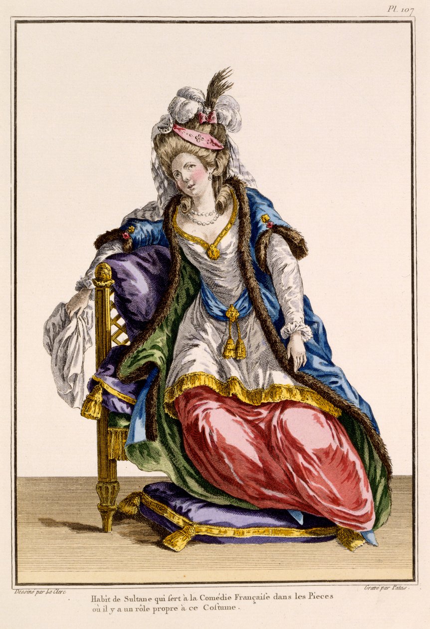 Costume pour la femme du Sultan dans La Comédie Française, gravure réalisée par Patus (gravure à la main) - French School