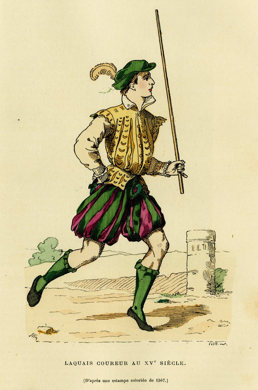 Costume de laquais coureur au XVe siècle, chargé de courir devant le carrosse pour dégager la route et annoncer le passage d