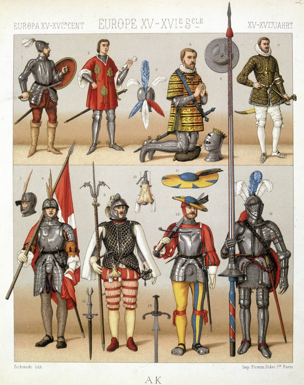 Costumes et armures du Moyen Âge - dans "Le costume historique" par Racinet - French School