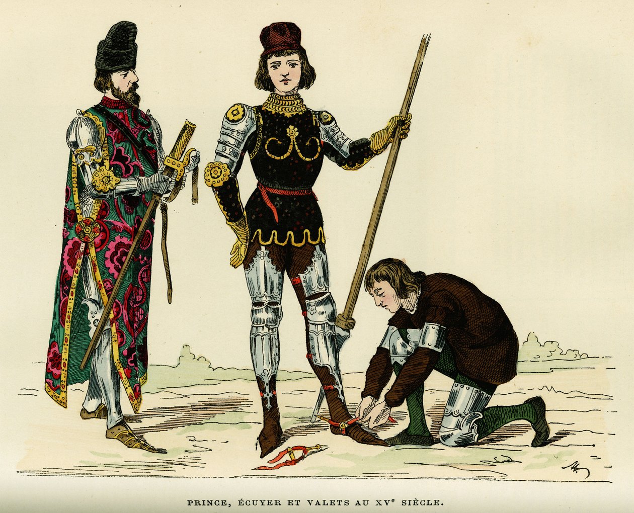 Costumes de prince, de son écuyer et de son valet, au XVe siècle. Gravure en couleurs, dans "France et les français à travers les siècles" par Augustin Challamel, F.Roy éditeur, Paris 1882. Collection Selva - French School