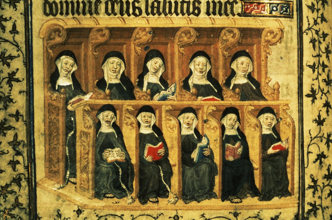 Cott Dom A XVII f.74v Nonnes dans un stalle de chœur, du Psautier d