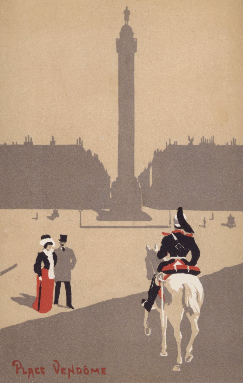Un couple observe un soldat de la cavalerie française à cheval sur la place Vendôme, à Paris en France (lithographie couleur) - French School