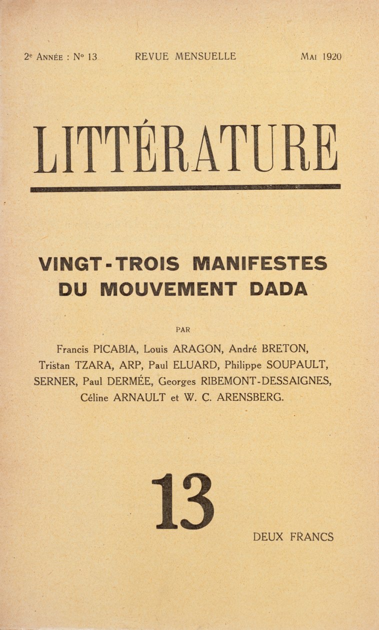 Couverture de Litterature, revue littéraire mensuelle consacrée au mouvement Dada, mai 1920 - French School