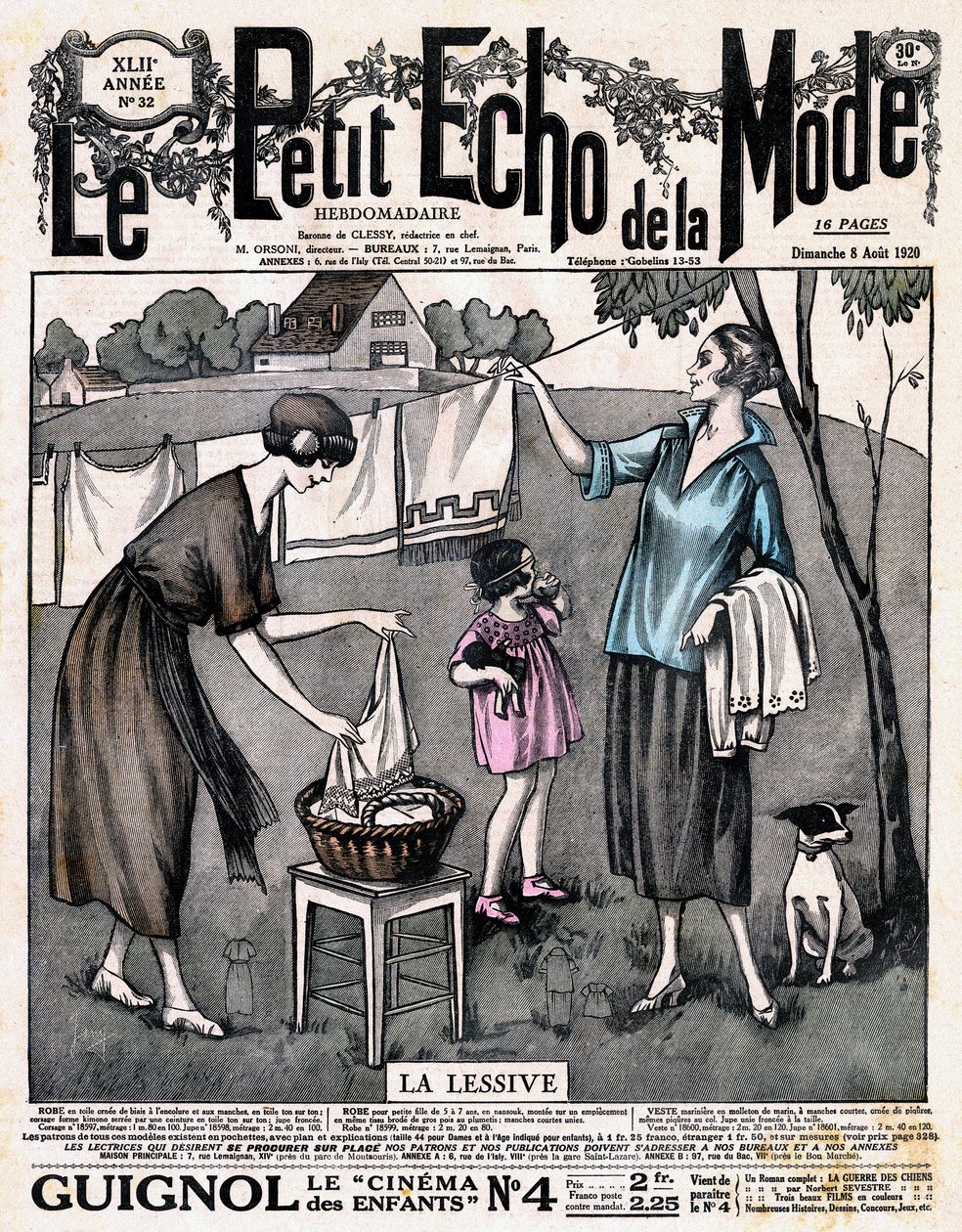 Couverture du journal "Le petit écho de la mode" - deux femmes avec une fille et un chien étendent le linge à sécher dehors, n°32 du 8 août - French School
