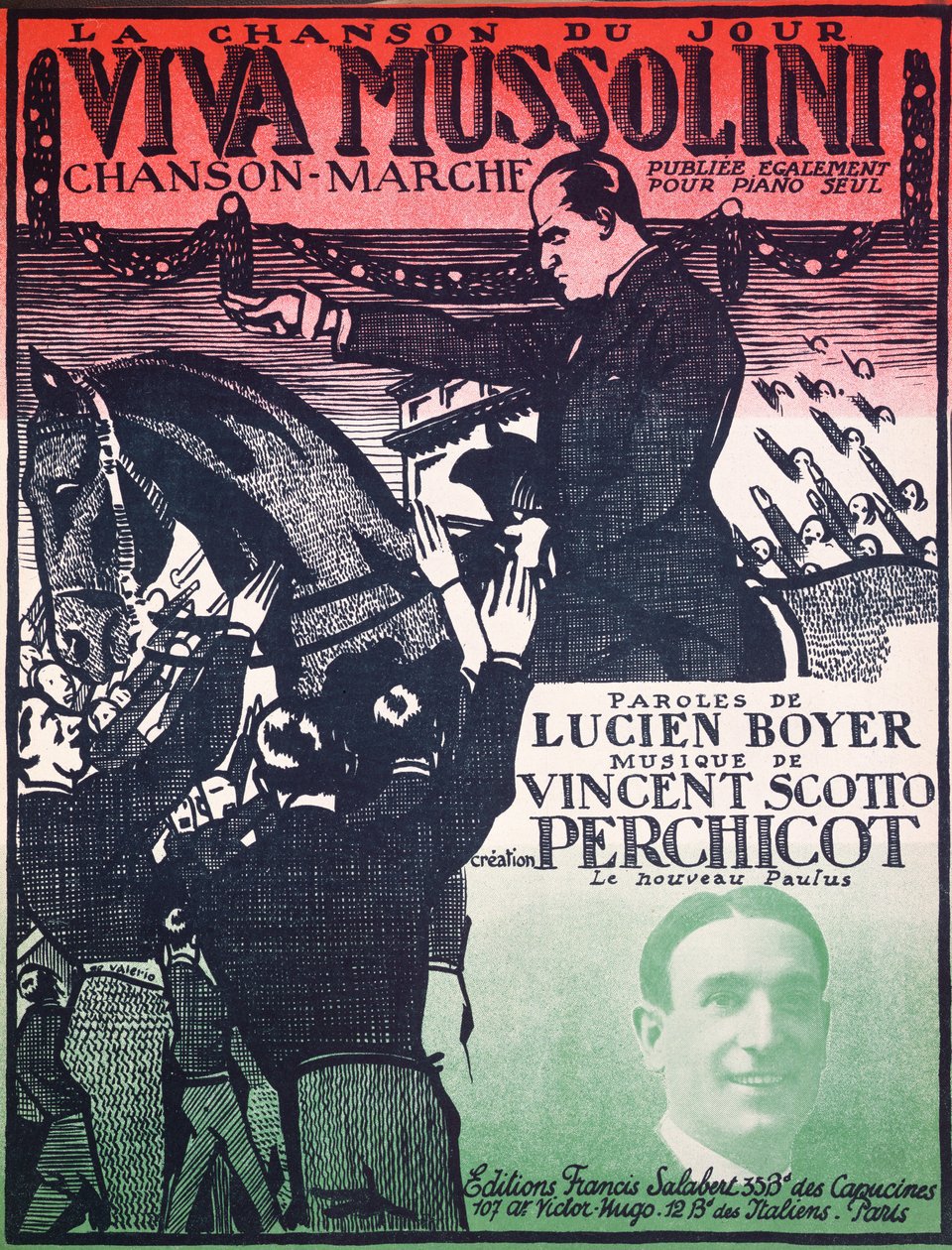 Couverture de la partition de Viva Mussolini par Vincent Scotto et Lucien Boyer, années 1920 - French School