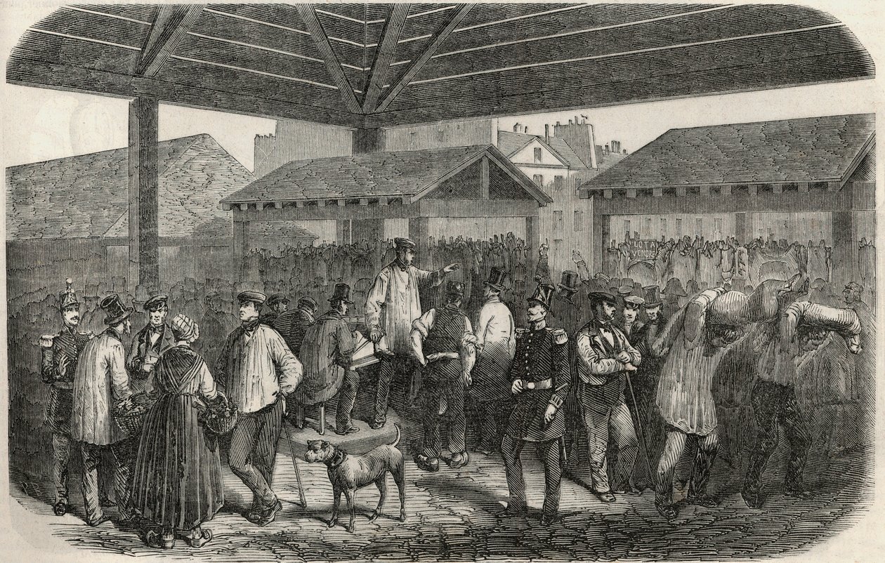 Criée de la viande de boucherie au marché de la rue des Prouvaires dans le 1er arrondissement de Paris - Gravure dans « Tableau-de-Paris » par Edmond Texier 1852 - French School
