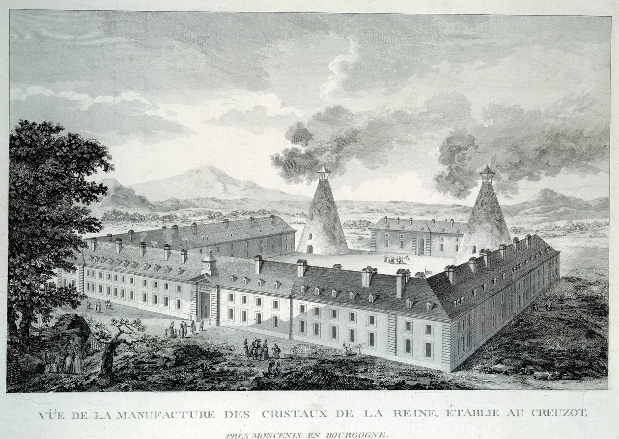 Cristallerie de la reine Marie-Antoinette au Creusot près de Moncenis en Bourgogne. Gravure de 1787. Le Creusot, Écomusée - French School