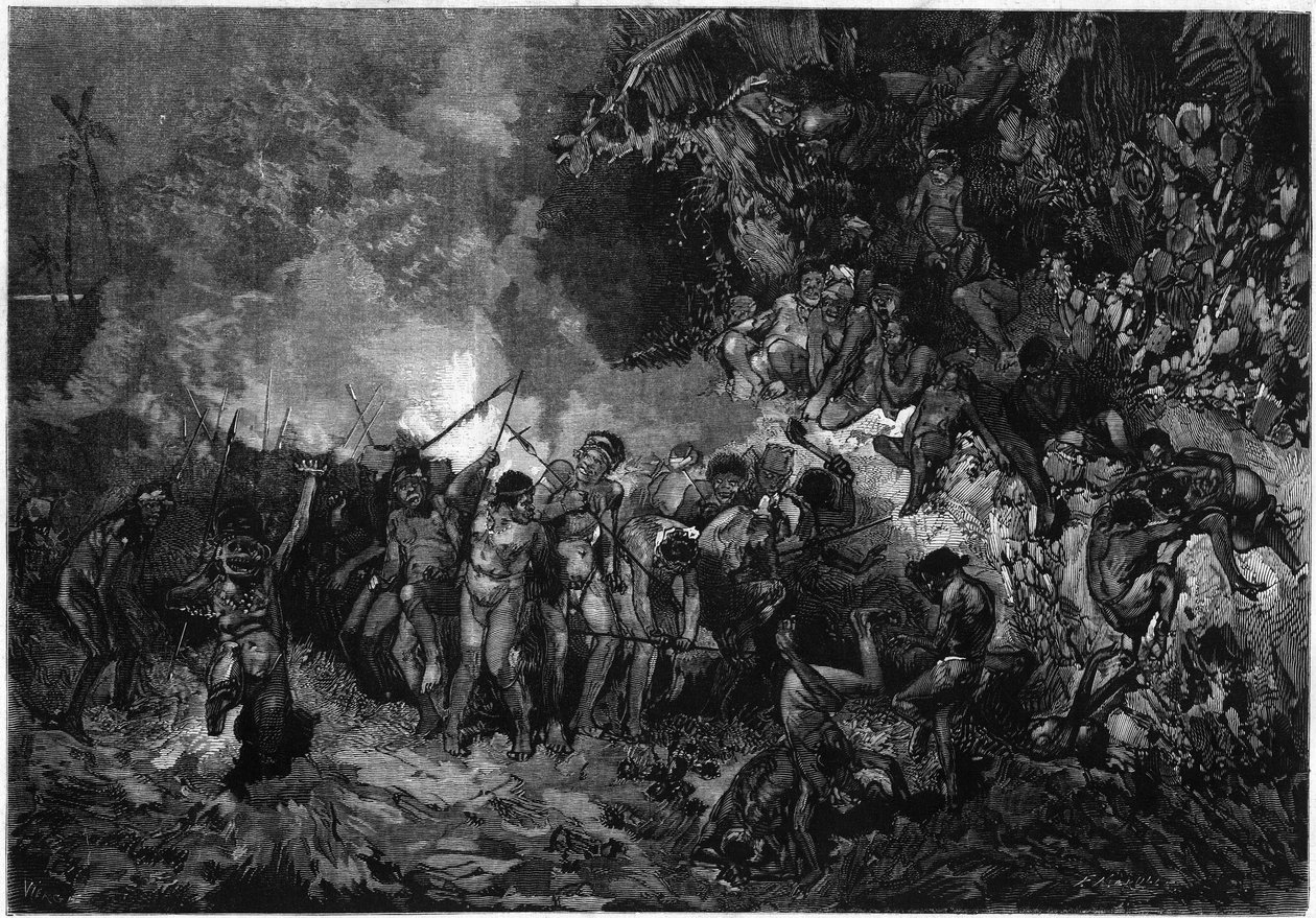 Coutume de Nouvelle-Calédonie : Pilou pilou, danse traditionnelle kanak. Gravure dans "Le Monde Illustré" n°772 du 27 janvier 1872 - French School