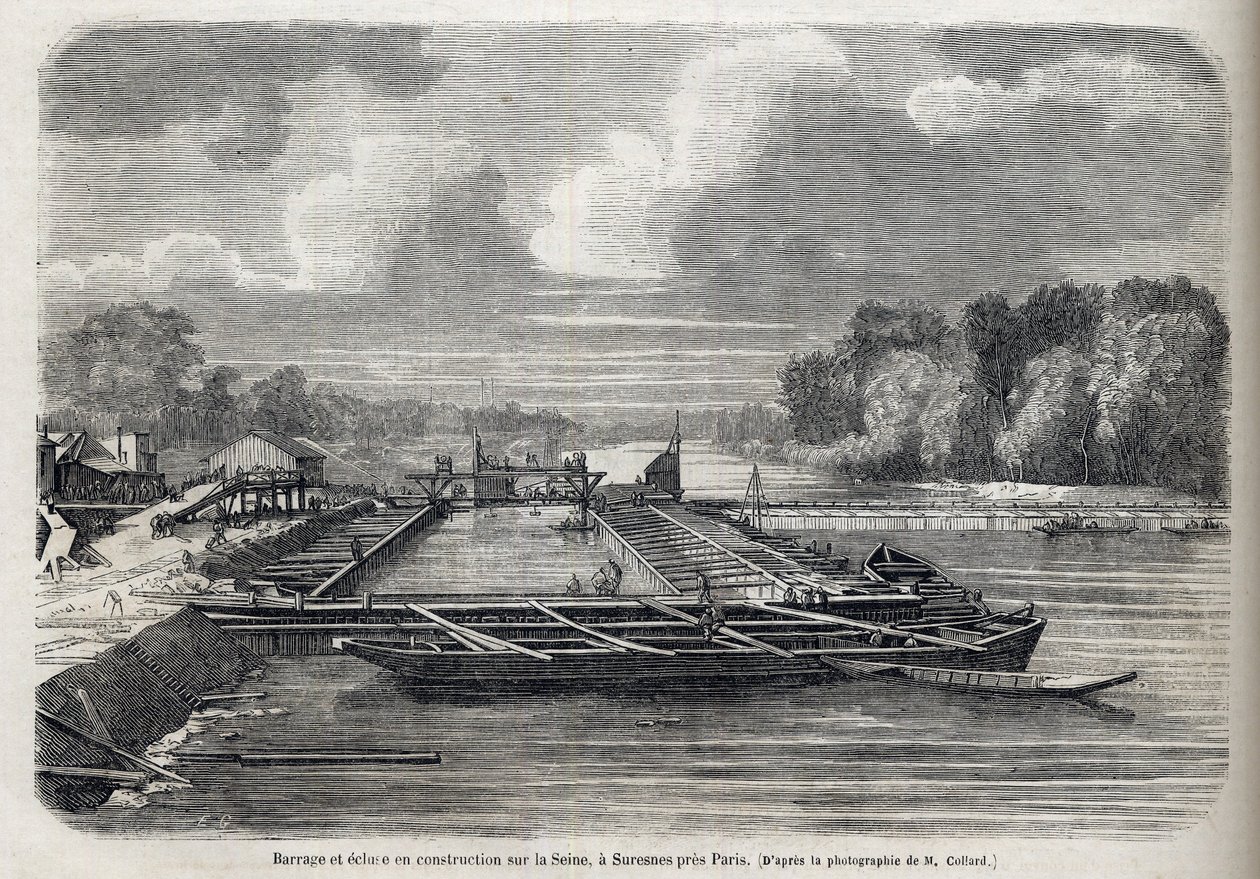 Barrage éclaté sur la Seine à Suresnes en 1866 - Gravure - Le Monde Illustré 1866 - French School