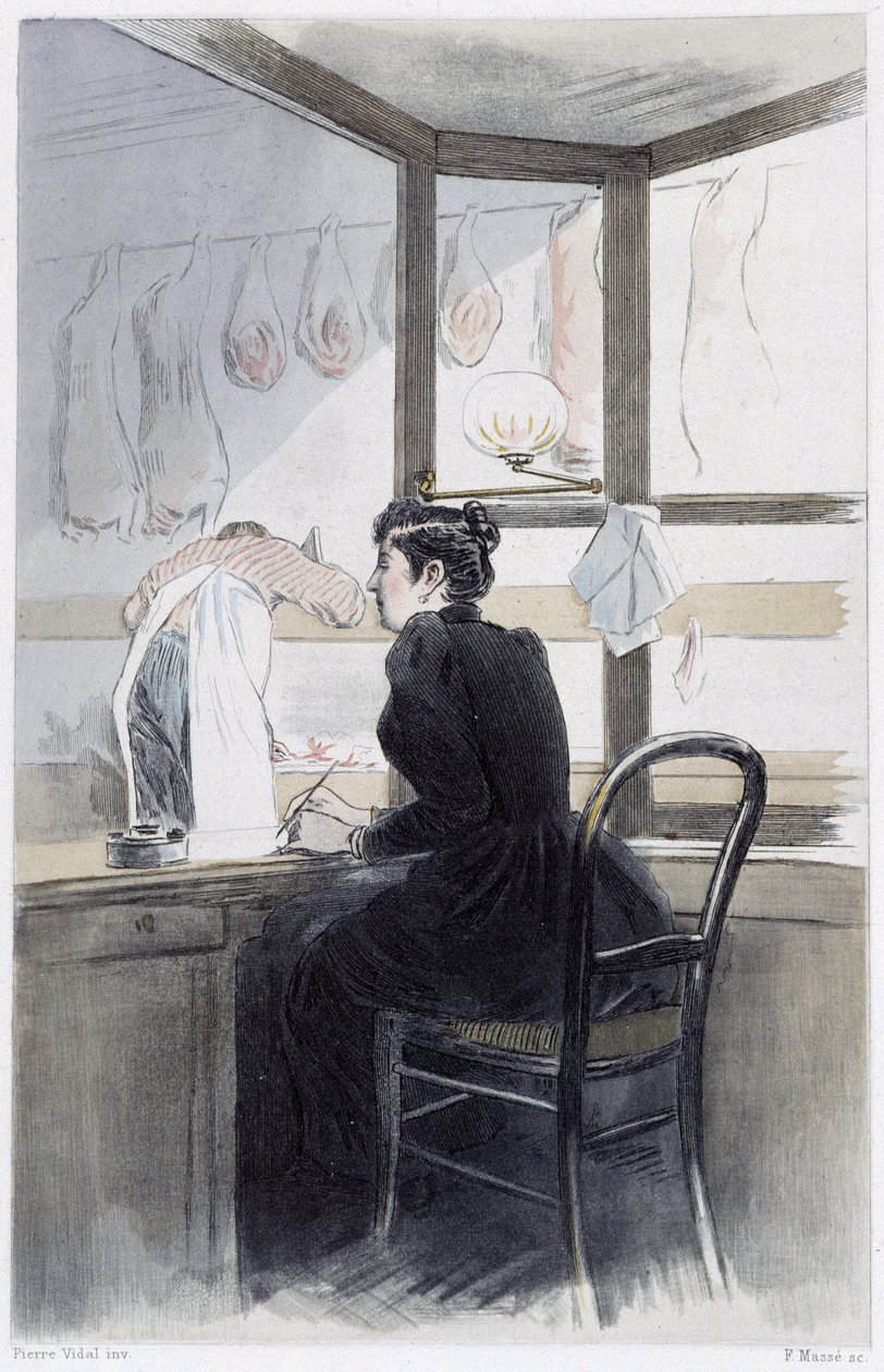 Dame de caisse (chez le boucher) - dans "La femme à Paris" par Pierre Vidal - French School