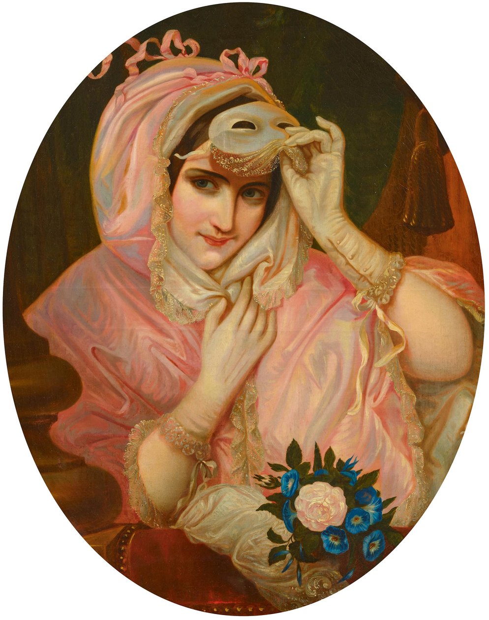 Dame au masque en robe rose F19Jh - French School