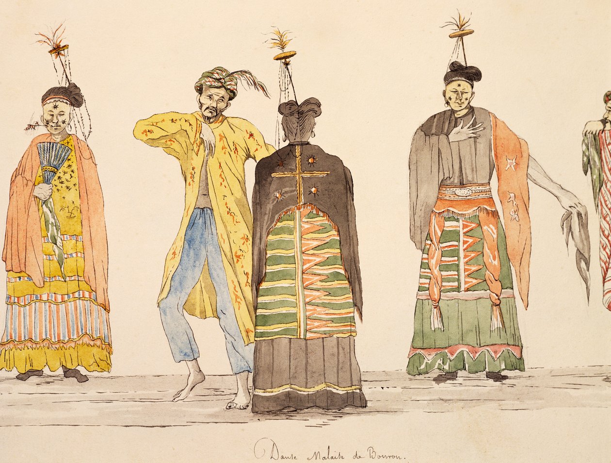 Danse indigène de Buru, Moluques, aquarelle de Jules-Louis Lejeune, basée sur Voyage autour du monde - French School