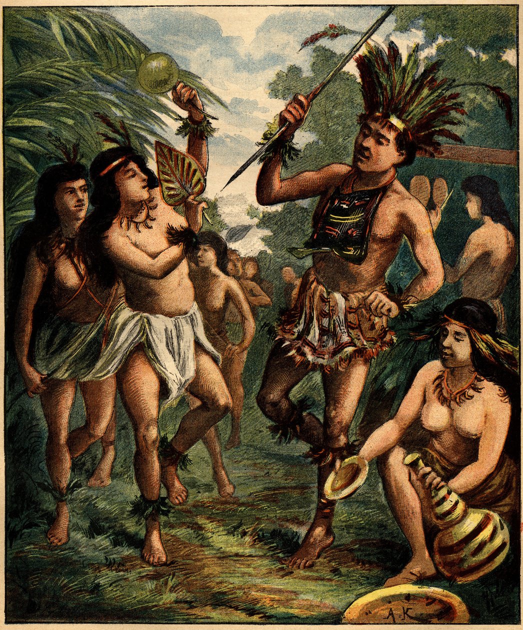Danse des Indiens Roucouyan dans les Caraïbes. Gravure dans "La Terre Illustrée" n°77 du 21 avril 1892 - French School