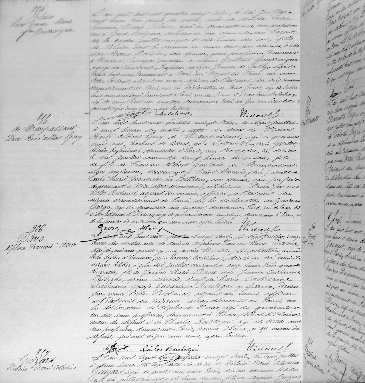 Acte de décès de Guy de Maupassant (1850-93) 7 juillet 1893 (détail) - French School