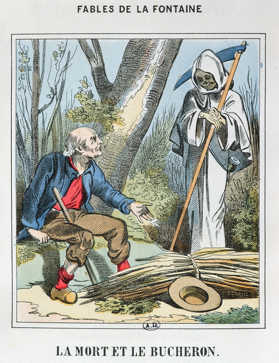 La Mort et le Bûcheron (gravure en couleur) - French School