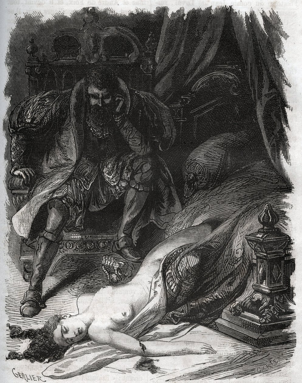 Mort de Françoise de Foix, Comtesse de Châteaubriant (ca. 1495-1537), assassinée par son mari Jean de Laval Comte de Châteaubriant (Laval-Châteaubriant) (1486-1543), qui se vengea ainsi des infidélités de sa femme. Gravure de 1871 dans « Histoire Des - French School