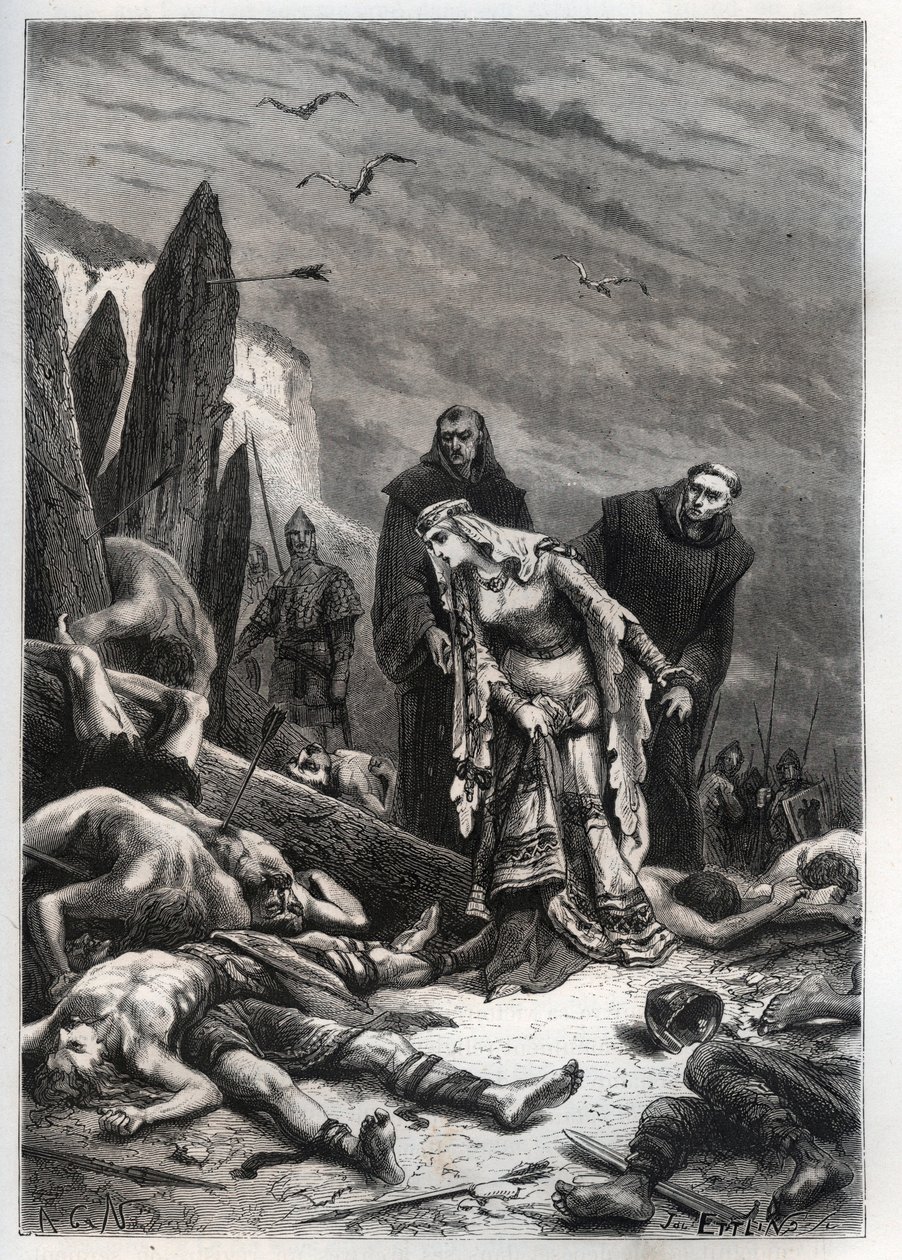Mort du roi Harold II (1022-1066) à la bataille de Hastings en 1066 - Edith Swannesha (Swanneck), dite Edith la Juste (1025-1086) découvre le corps de son mari - French School