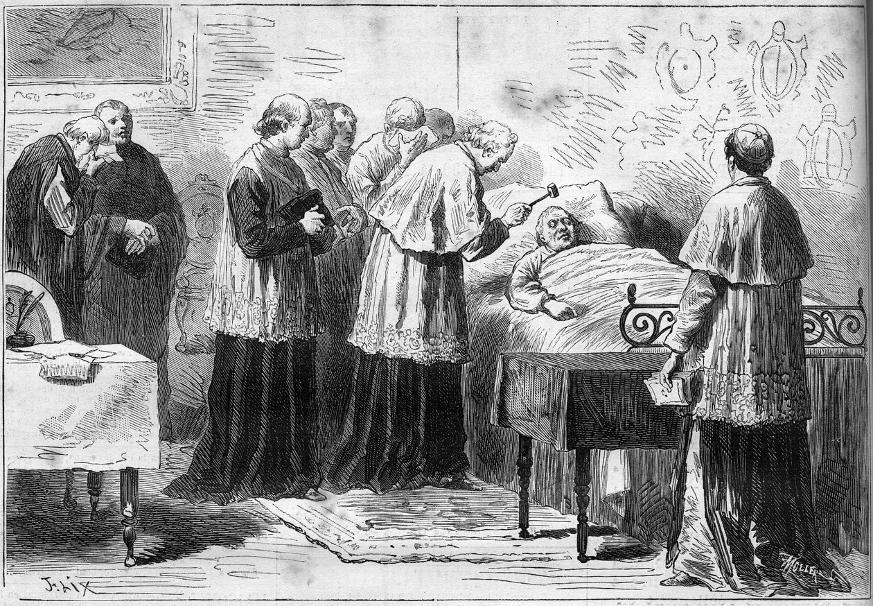 Décès du pape Pie IX (Pio) (1792-1878) : rituel de reconnaissance de la mort du pape. Un cardinal frappe le front du défunt avec un marteau en argent. Gravure dans « Le Monde Illustré » n°1089 du 16 février 1878 - French School